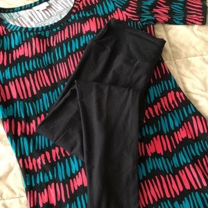 Coveted All-Black LulaRoe Leggings with Teal and Rose Dress - All Buttery-soft!